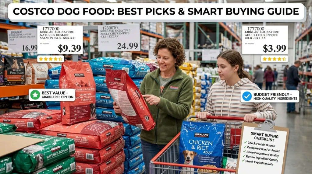 Costco dog food Kirkland Signature bag on warehouse shelf with happy dog