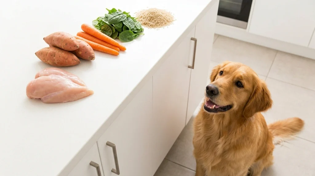 Homemade dog food recipes with fresh chicken vegetables and rice in a bowl