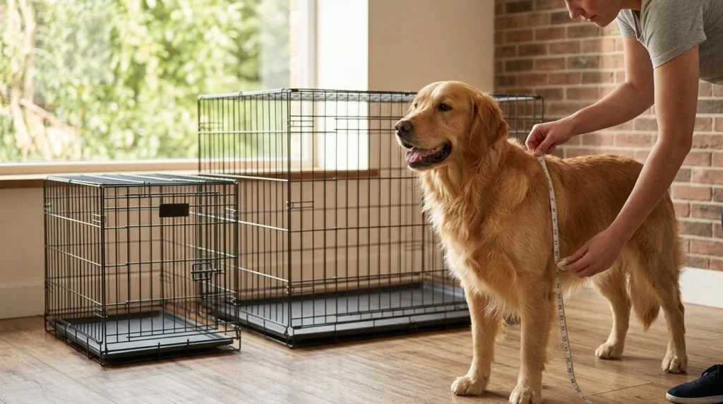 Dog kennel with happy dog resting comfortably inside