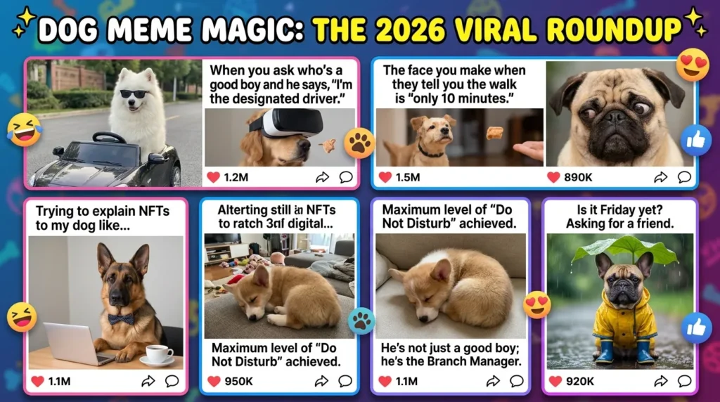 Funny dog meme collection showing viral dog expressions and captions