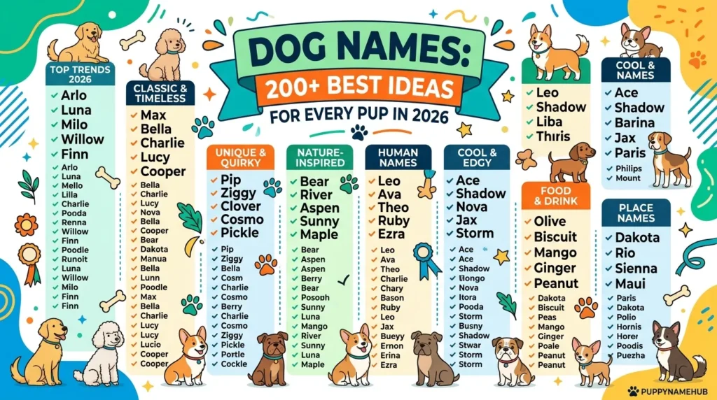 Cute puppy with a name tag showing popular dog names