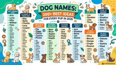 Cute puppy with a name tag showing popular dog names