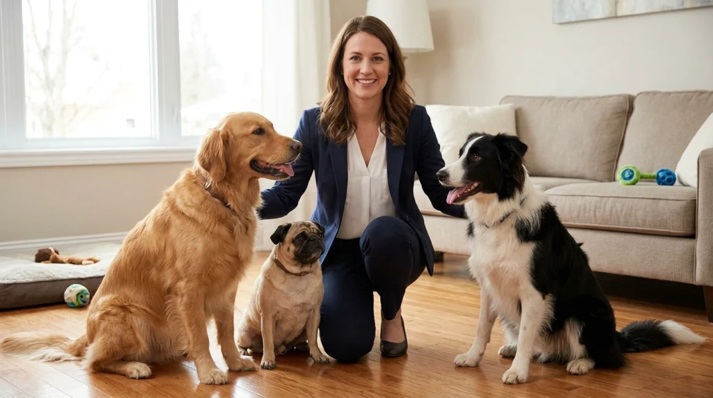Dog sitting service showing a sitter playing with a happy dog at home