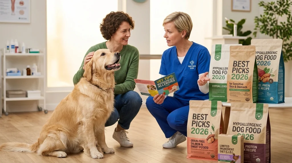 Best dog food for allergies showing hypoallergenic ingredients and happy healthy dog