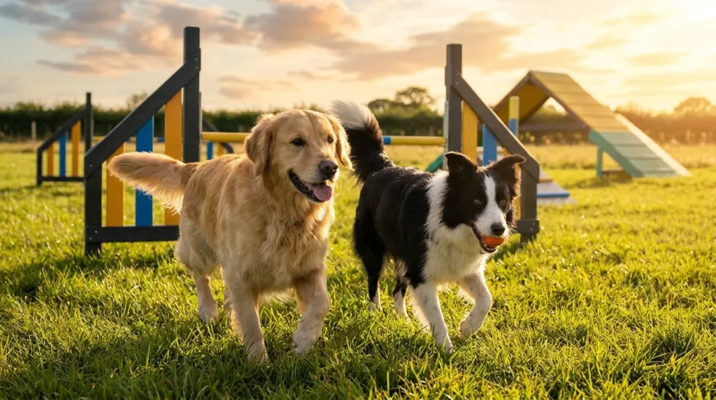 Happy dogs playing off-leash at a dog park near me on a sunny day