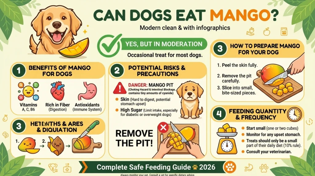 Mango is a safe, nutritious treat for dogs but only the flesh. The pit, skin, and leaves must always be removed before serving.