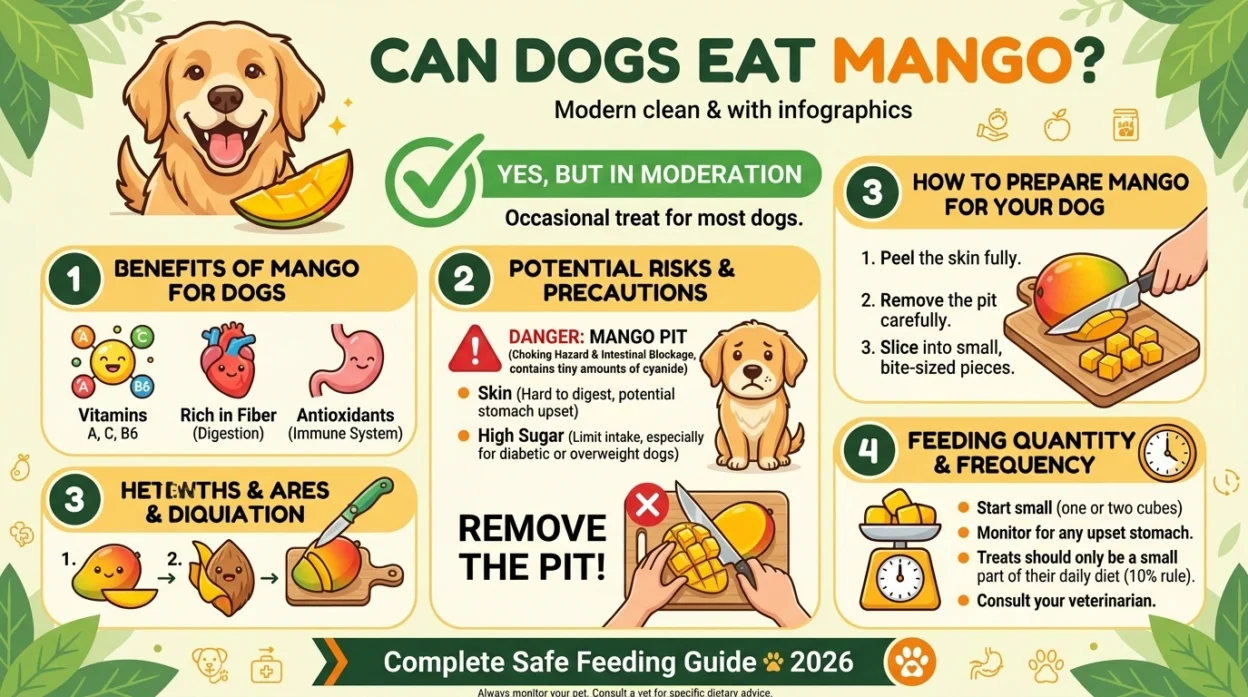 Mango is a safe, nutritious treat for dogs but only the flesh. The pit, skin, and leaves must always be removed before serving.