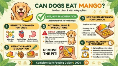 Mango is a safe, nutritious treat for dogs but only the flesh. The pit, skin, and leaves must always be removed before serving.