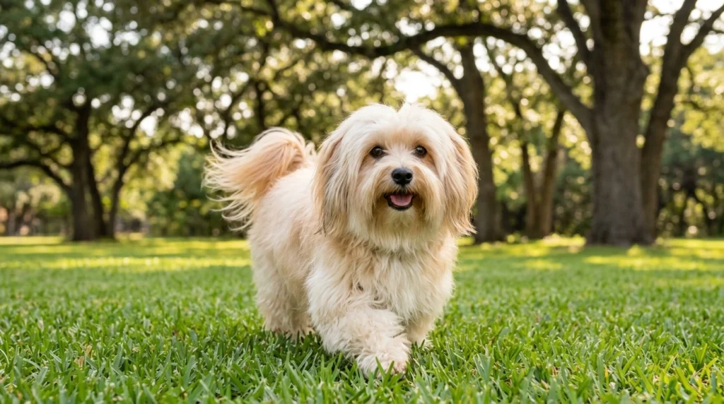 Havanese dog with silky coat sitting outdoors smiling at camera