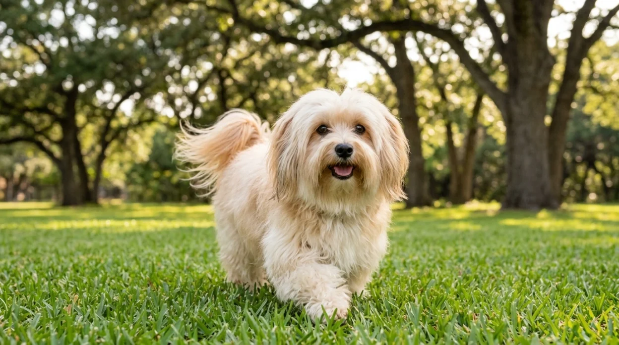 Havanese dog with silky coat sitting outdoors smiling at camera