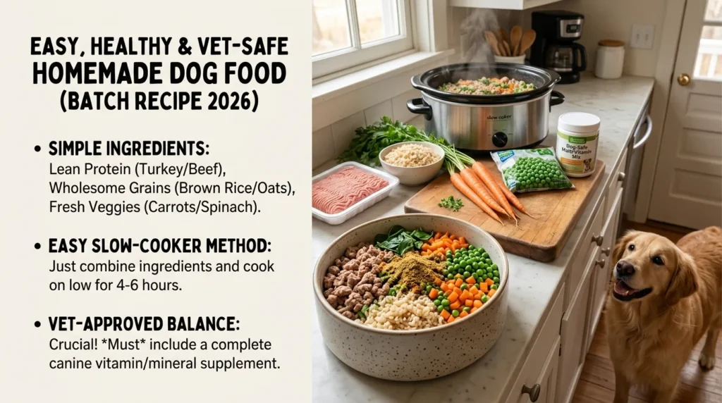 Homemade dog food recipe with chicken rice and vegetables in a bowl