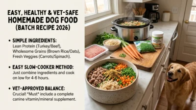 Homemade dog food recipe with chicken rice and vegetables in a bowl
