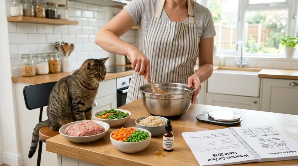 How to make cat food at home with fresh chicken and vegetables on kitchen counter