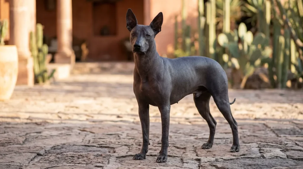 Mexican hairless dog Xoloitzcuintli sitting outdoors showing smooth hairless skin