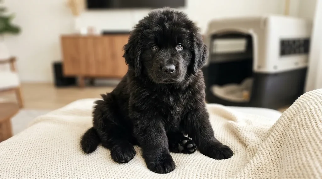 Newfoundland dog standing outdoors showing full size and thick black coat