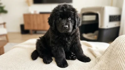 Newfoundland dog standing outdoors showing full size and thick black coat