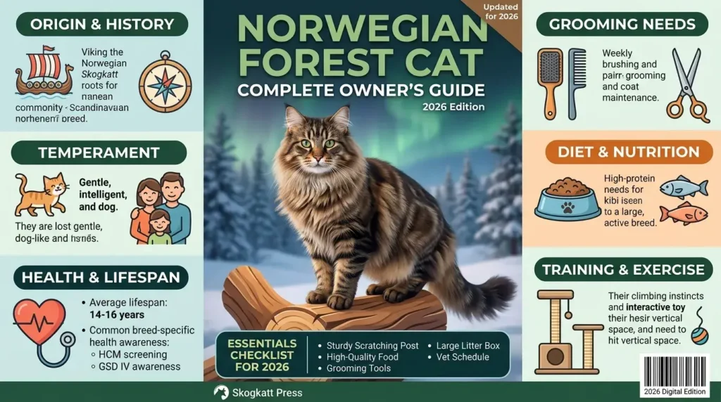The Norwegian Forest Cat known in Norway as the "Norsk Skogkatt" combines ancient Viking heritage with a warm, gentle temperament that makes it one of the world's most beloved cat breeds.