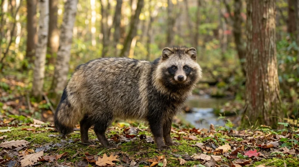 Raccoon dog standing in forest showing distinctive facial markings