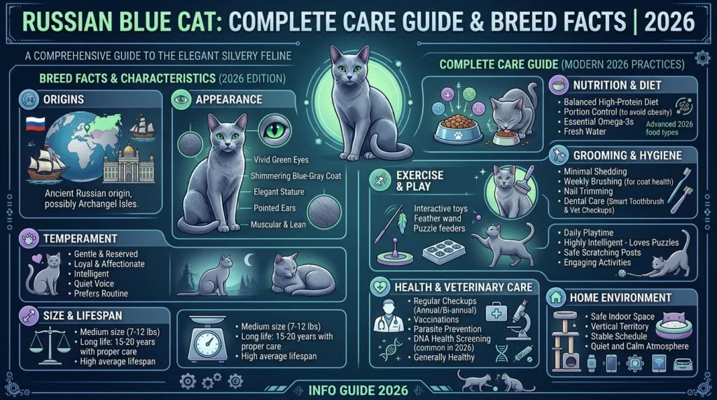 Russian Blue cat with green eyes and silver blue coat sitting elegantly