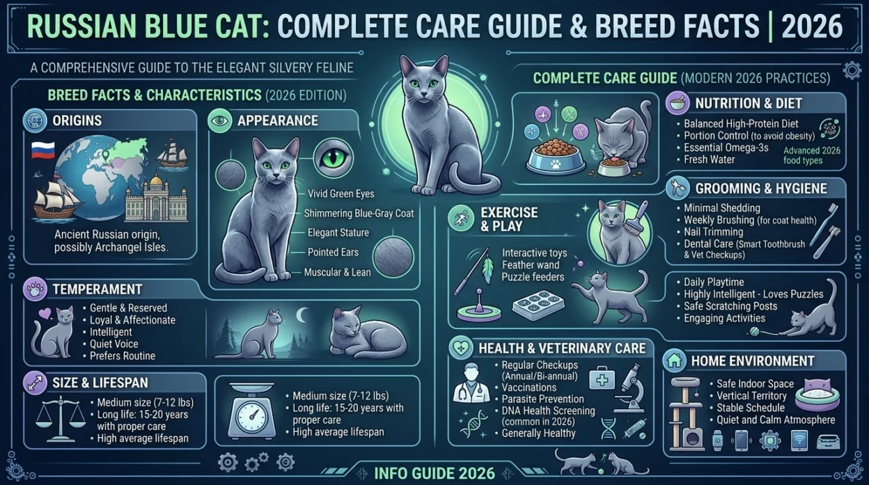 Russian Blue cat with green eyes and silver blue coat sitting elegantly
