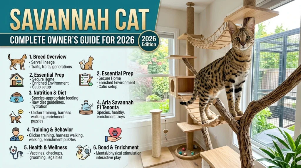 Savannah cat with spotted coat and large ears sitting upright indoors