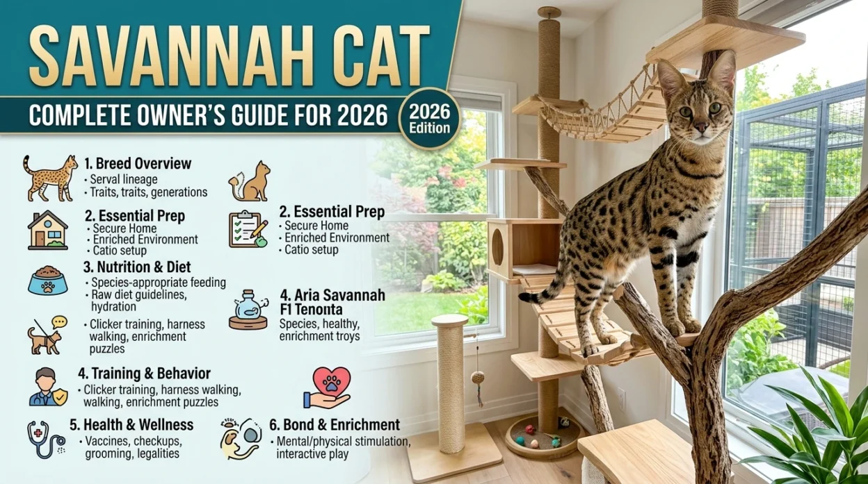 Savannah cat with spotted coat and large ears sitting upright indoors