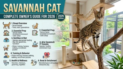 Savannah cat with spotted coat and large ears sitting upright indoors