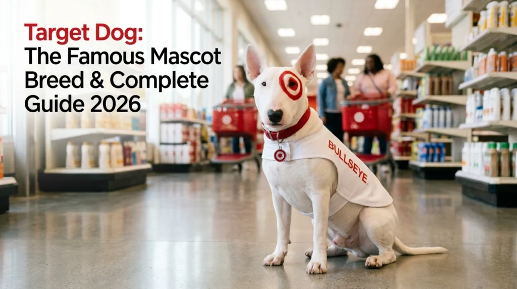 Target dog Bull Terrier with red bullseye marking sitting outdoors