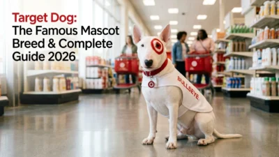 Target dog Bull Terrier with red bullseye marking sitting outdoors