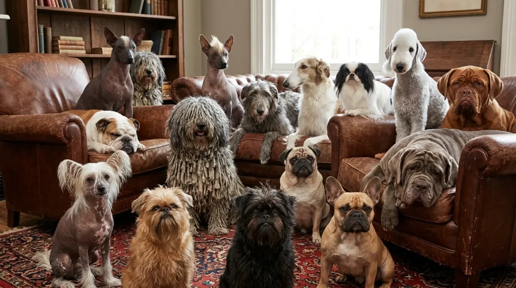 Ugly dog breeds collection showing unique and lovable wrinkled hairless dogs