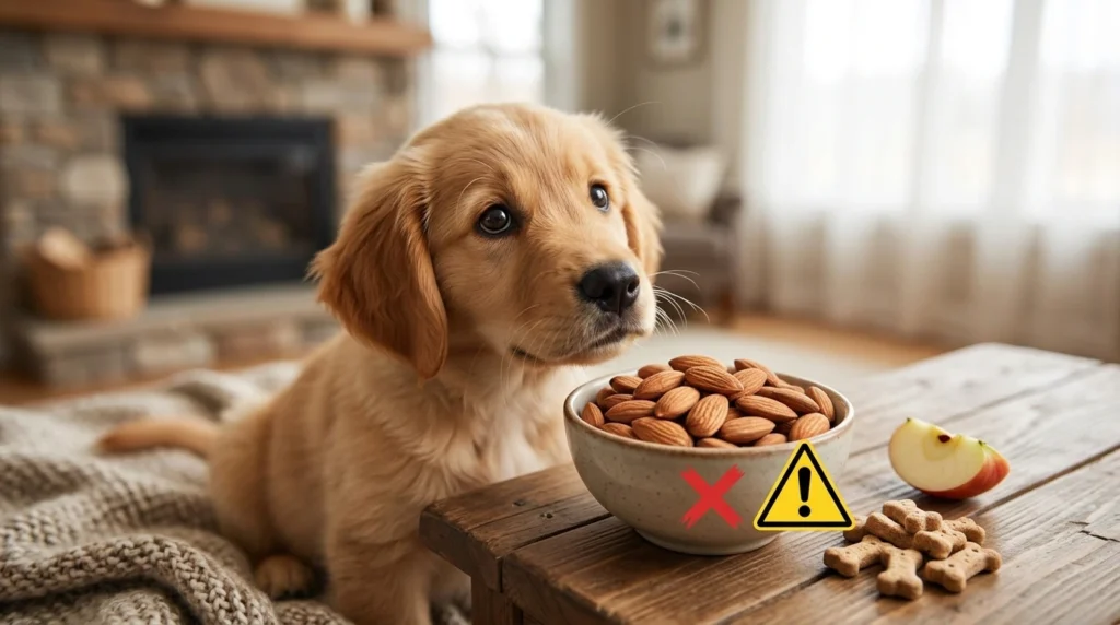 Can dogs eat almonds — dog looking at almonds on a table