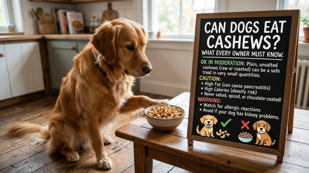 Can dogs eat cashews dog looking at cashews on a wooden table
