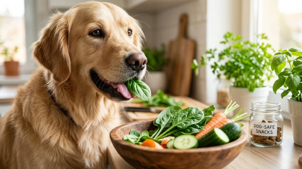 Can dogs eat spinach dog sniffing fresh spinach leaves on kitchen counter